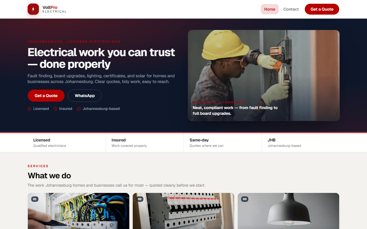 VoltPro Electrical demo homepage — a calm example of a SiteBase trade site