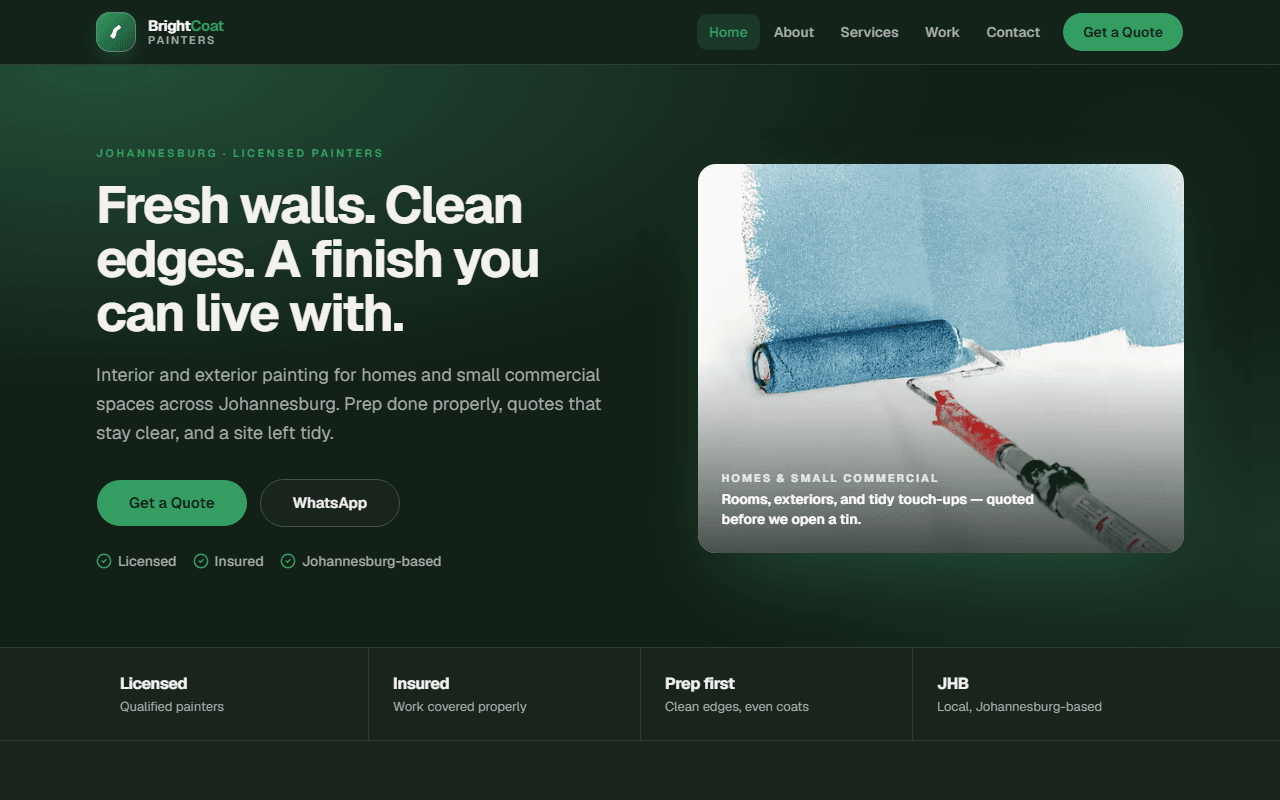 BrightCoat Painters Business desktop homepage — dark forest-green Johannesburg painter site