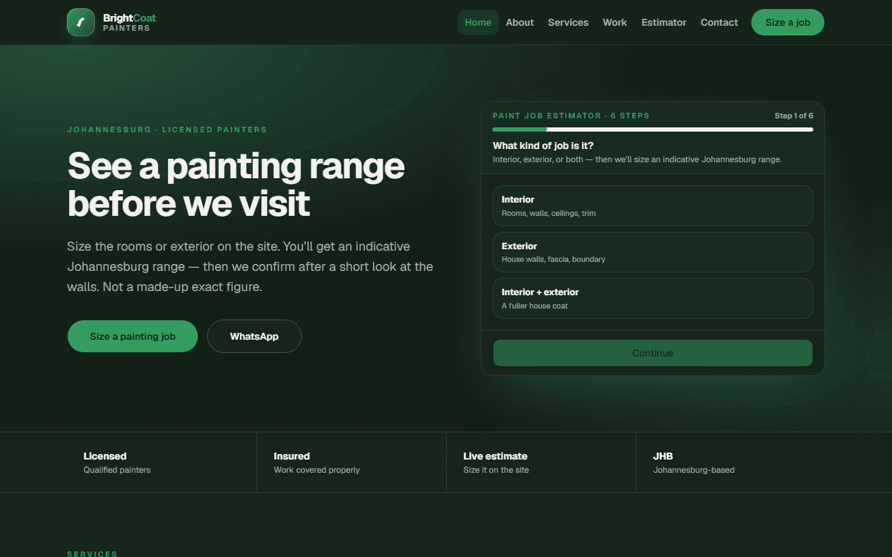 BrightCoat Painters Custom desktop homepage — dark forest-green Johannesburg painter site