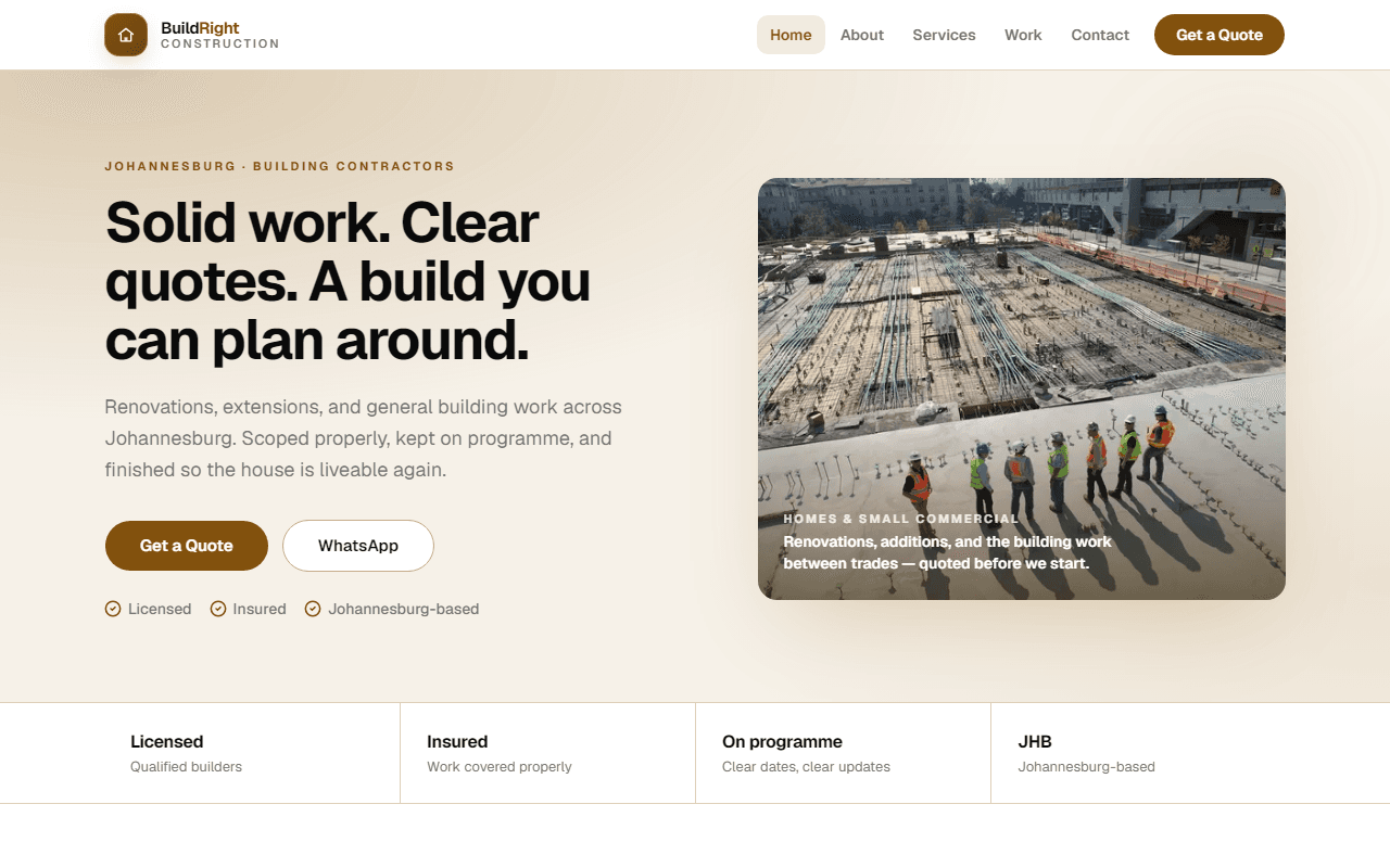 BuildRight Construction Business desktop homepage — fuller timber-bronze Johannesburg builder site