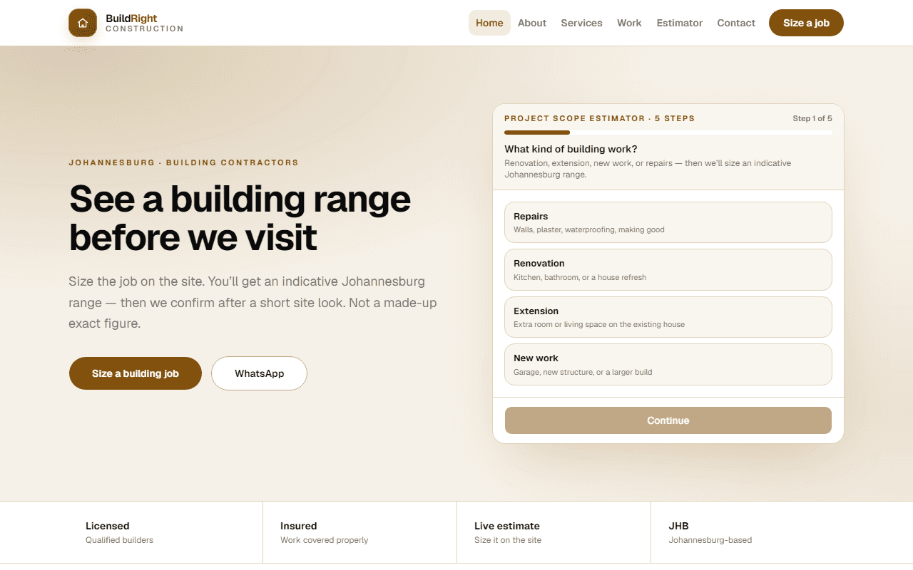 BuildRight Construction Custom homepage — live project scope estimator as the first step of a quote
