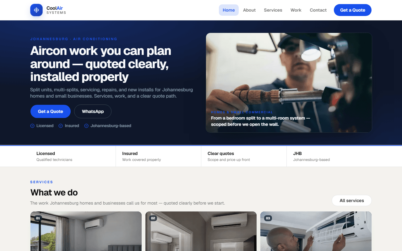 CoolAir Systems Business desktop homepage — fuller cobalt Johannesburg aircon installer site
