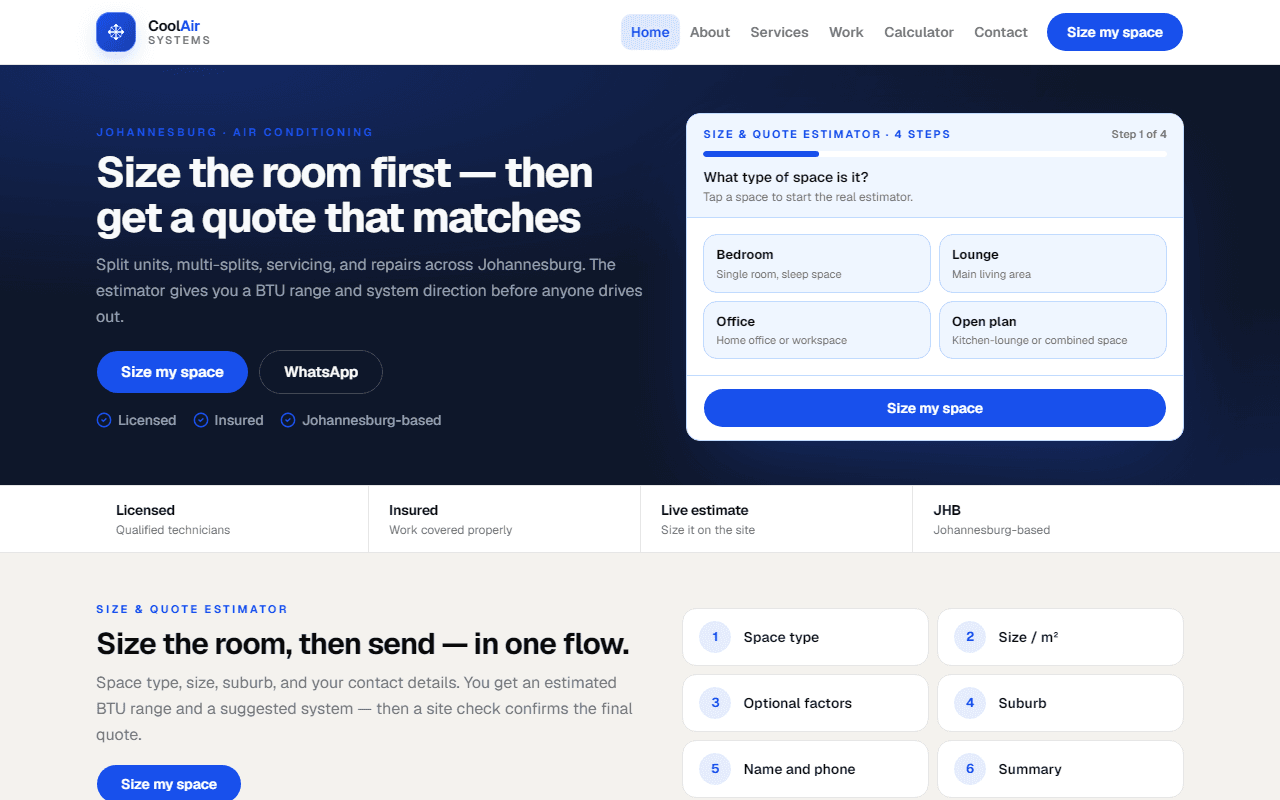 CoolAir Systems Custom homepage — live aircon size and quote estimator