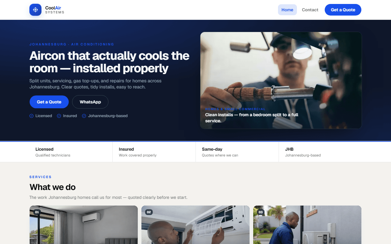 CoolAir Systems Launch desktop homepage — cobalt Johannesburg aircon installer site
