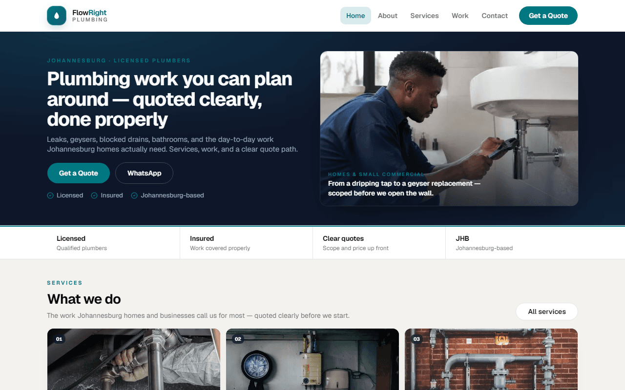 FlowRight Plumbing Business desktop homepage — fuller teal-themed Johannesburg plumber site