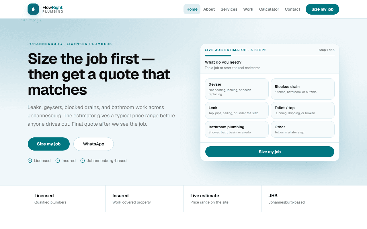 FlowRight Plumbing Custom homepage — live plumbing job estimator as the first step of a quote