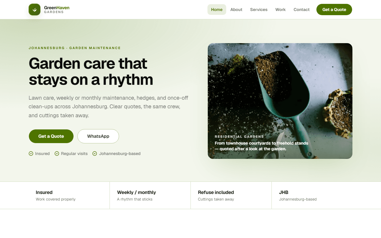 GreenHaven Gardens Business desktop homepage — fuller leaf-green Johannesburg garden care site