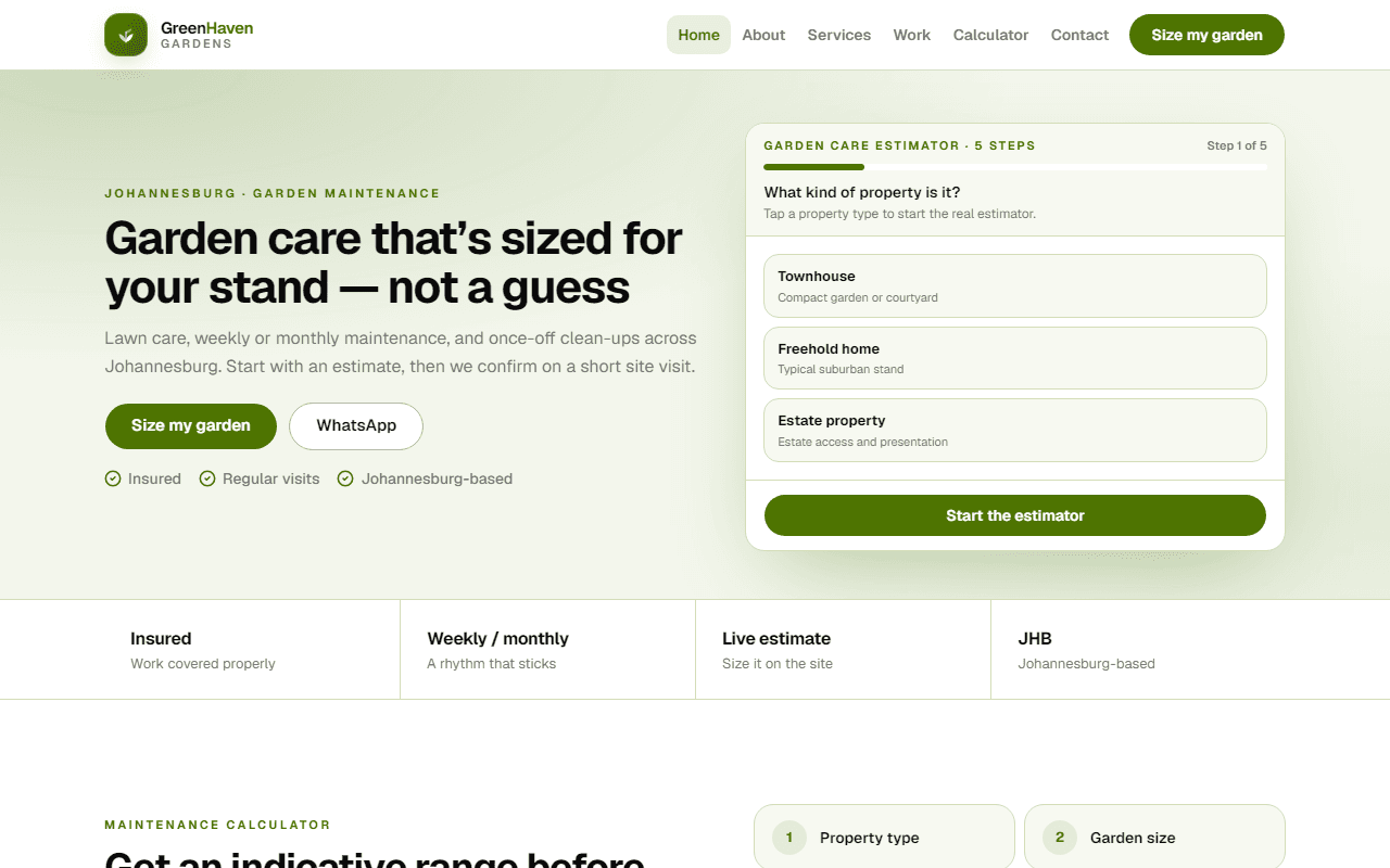 GreenHaven Gardens Custom homepage — live garden care estimator as the first step of a quote