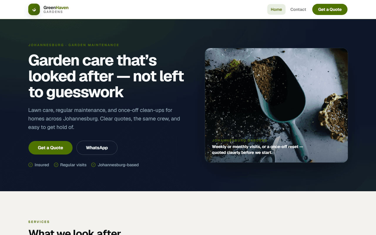 GreenHaven Gardens Launch desktop homepage — leaf-green Johannesburg garden care site