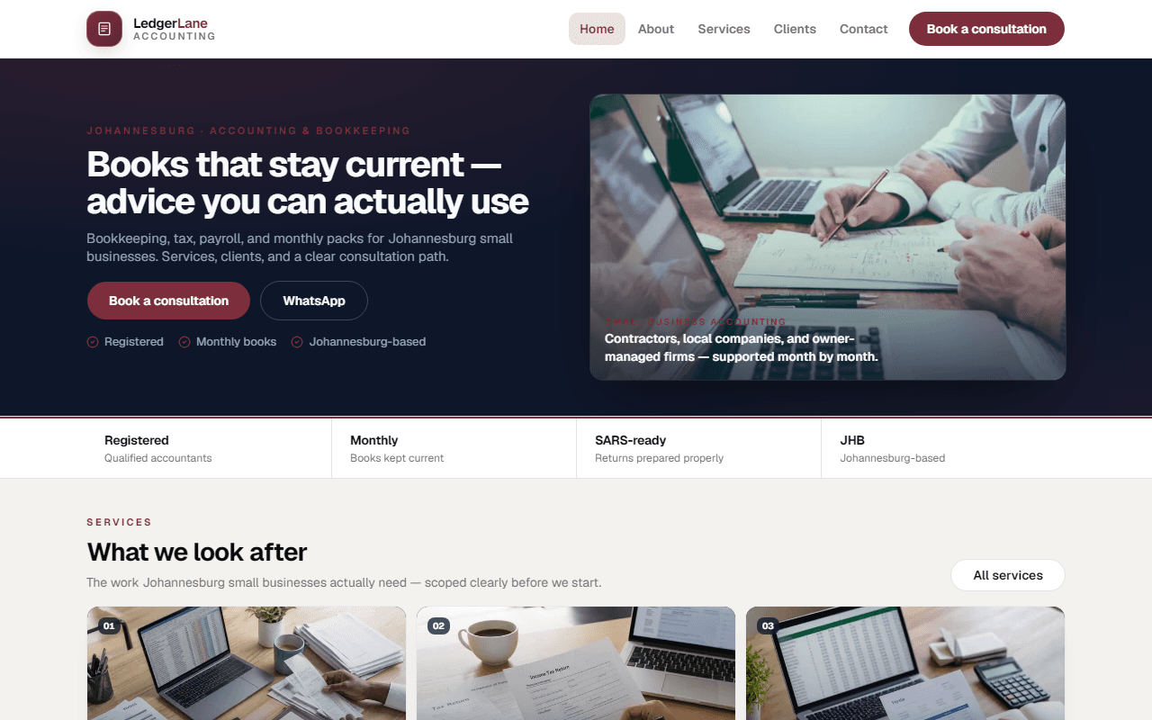 LedgerLane Accounting Business desktop homepage — fuller wine-themed Johannesburg accountant site