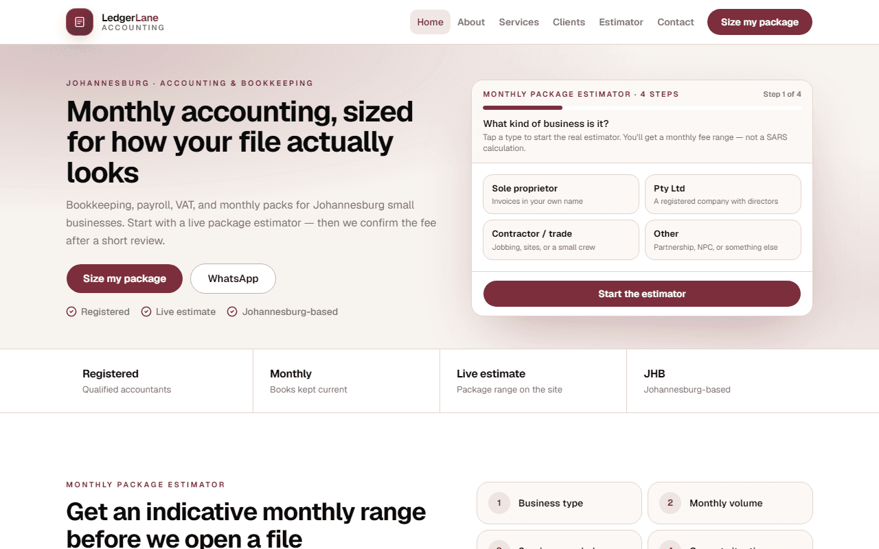LedgerLane Accounting Custom homepage — live monthly package estimator as the first step of a consultation
