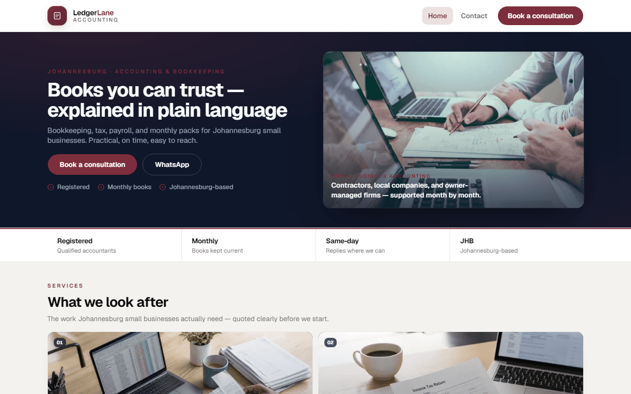 LedgerLane Accounting Launch desktop homepage — wine-themed Johannesburg accountant site