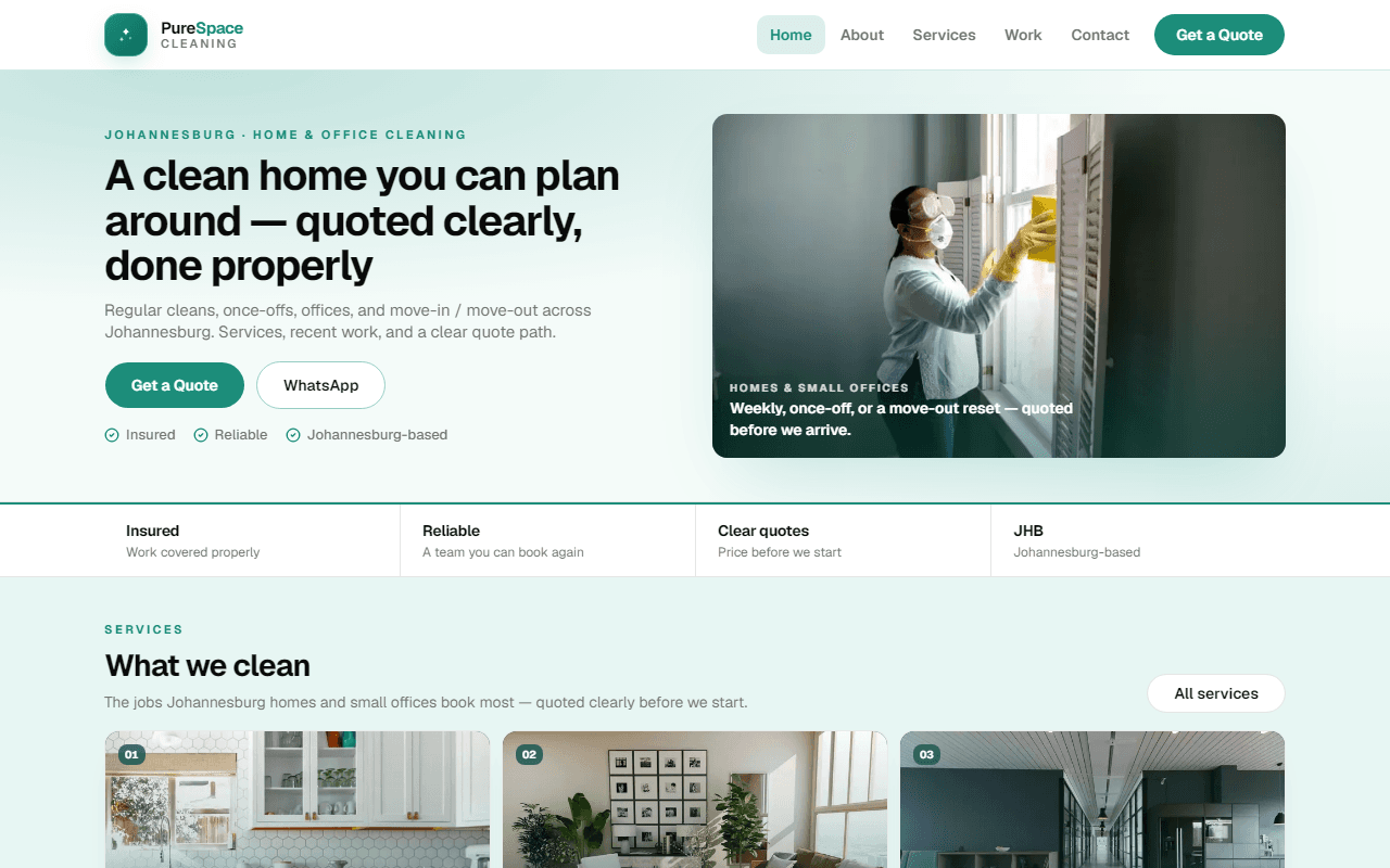 PureSpace Cleaning Business homepage — mint-themed Johannesburg cleaning site with services and work