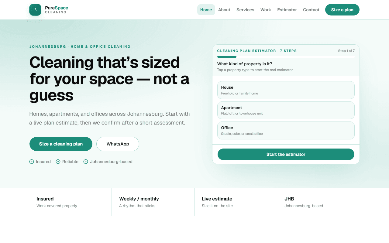 PureSpace Cleaning Custom homepage — live cleaning plan estimator as the first step of a quote