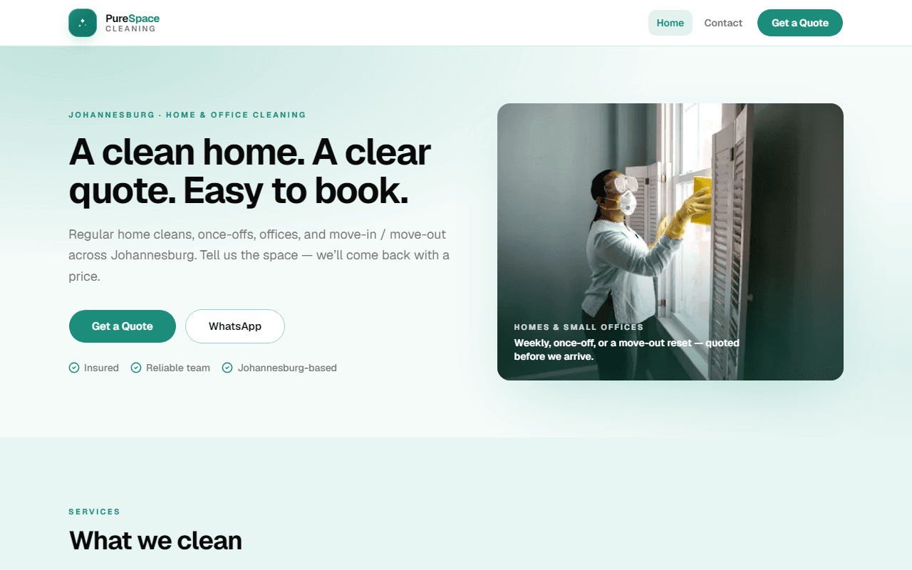 PureSpace Cleaning desktop homepage — mint-themed Johannesburg cleaning site