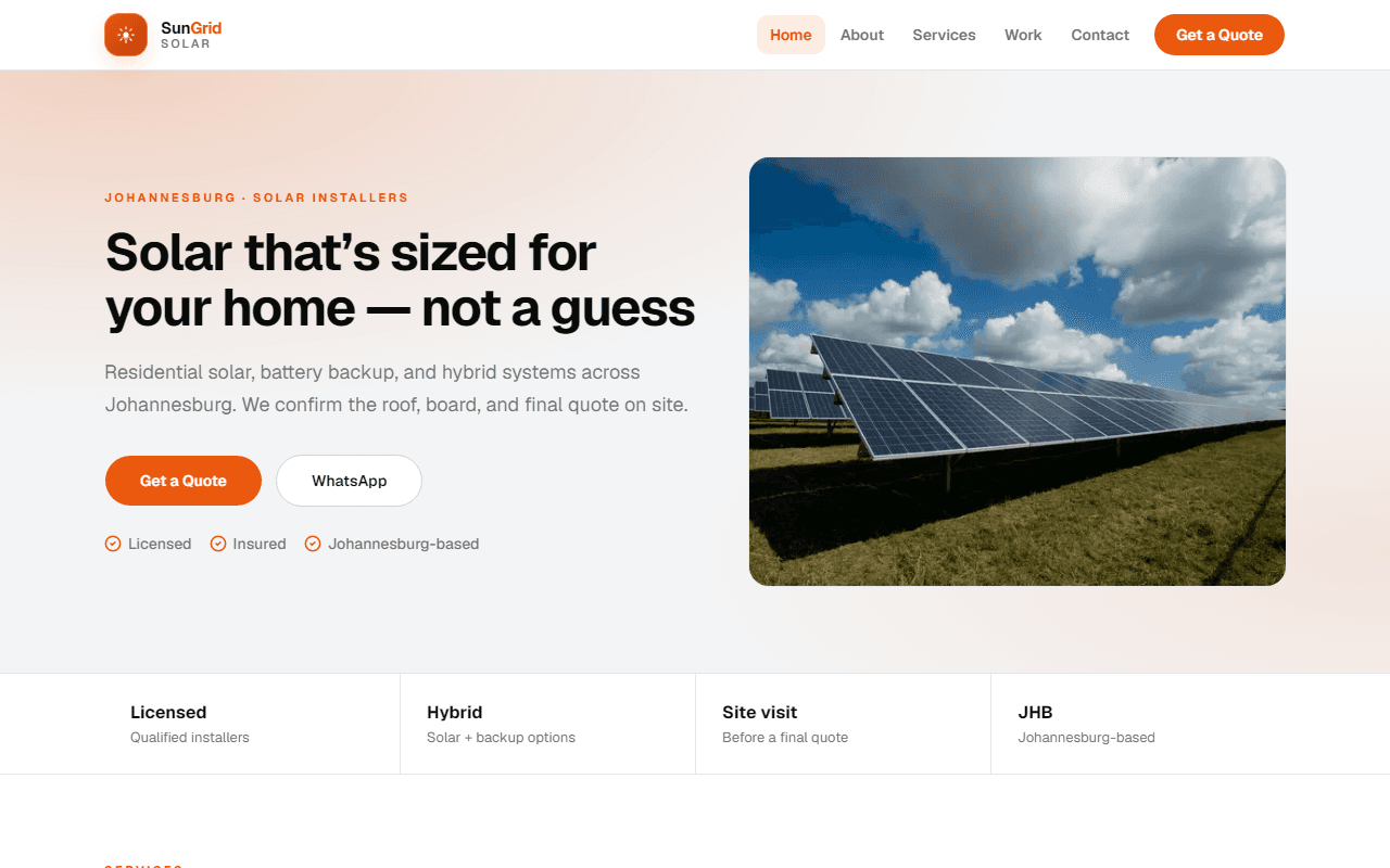SunGrid Solar Business desktop homepage — orange-themed Johannesburg solar installer site