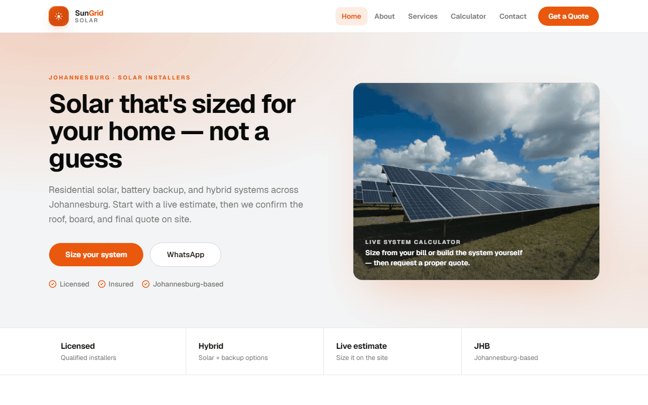 SunGrid Solar Custom desktop homepage — orange-themed Johannesburg solar installer site with calculator