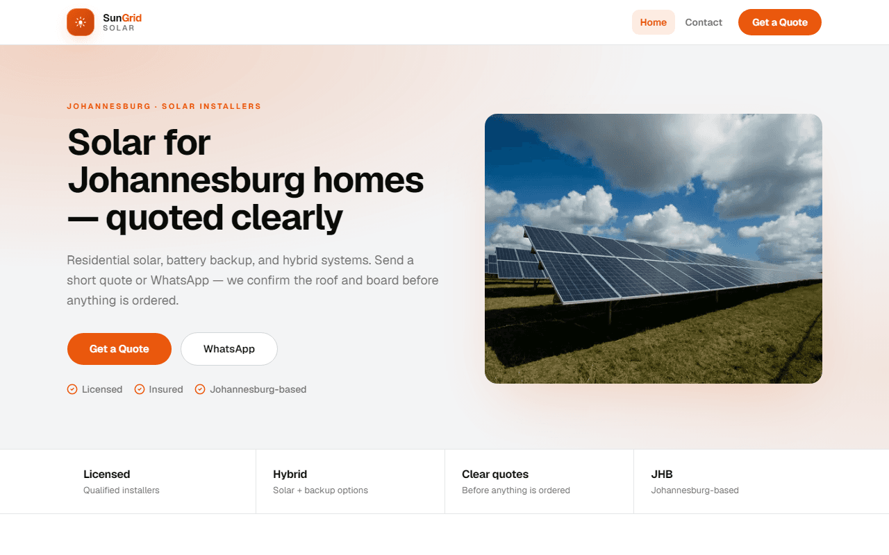 SunGrid Solar Launch desktop homepage — orange-themed Johannesburg solar installer site