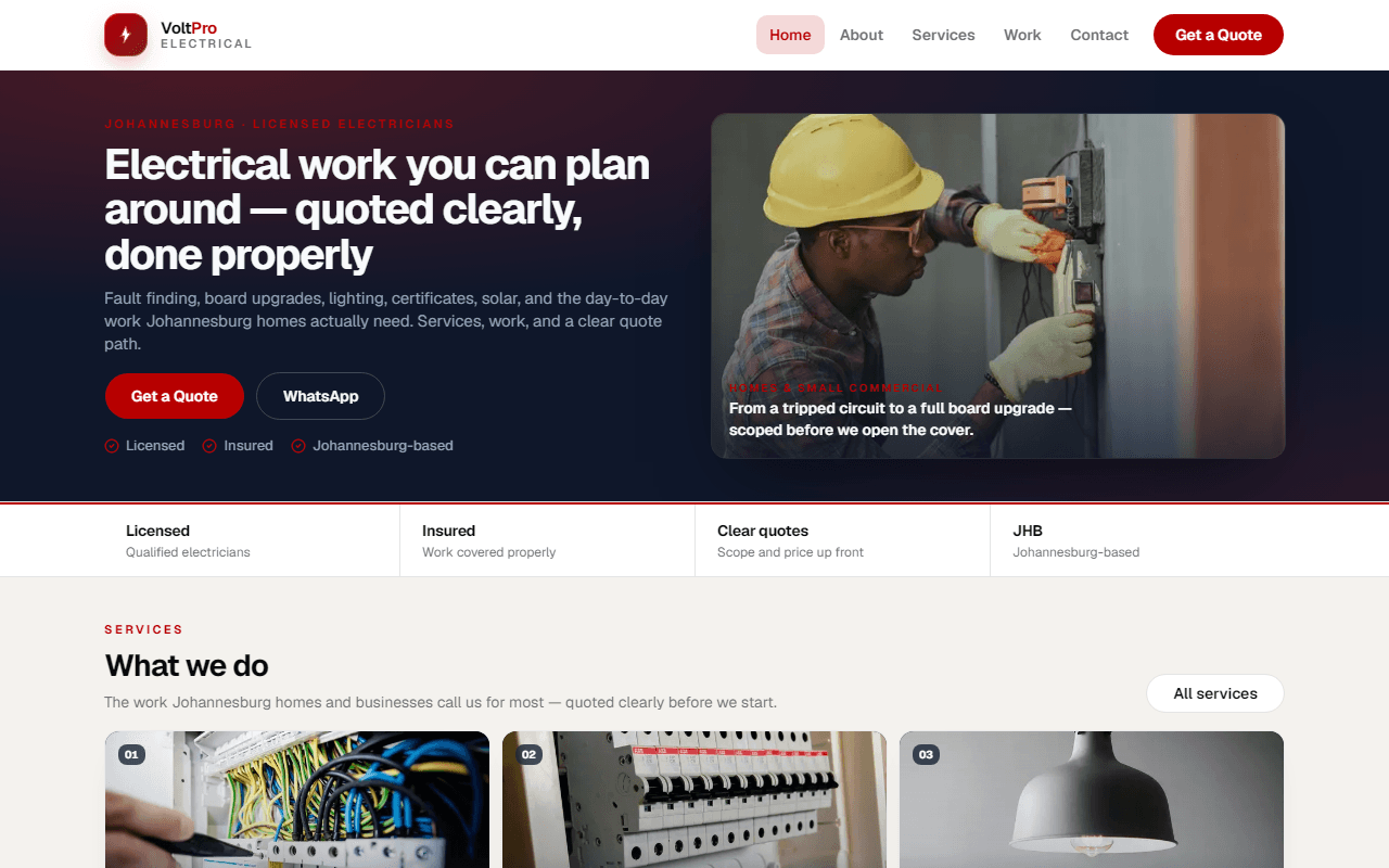 VoltPro Electrical Business desktop homepage — fuller red-themed Johannesburg electrician site
