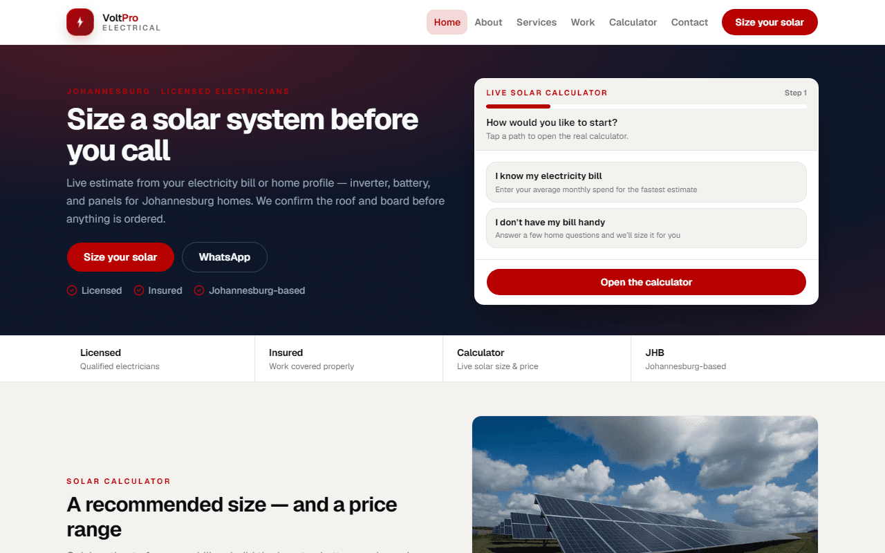 VoltPro Electrical Custom homepage — live solar calculator as the first step of a quote