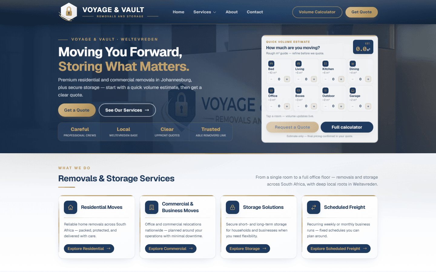 Voyage & Vault homepage — live client site with services and a volume estimate tool